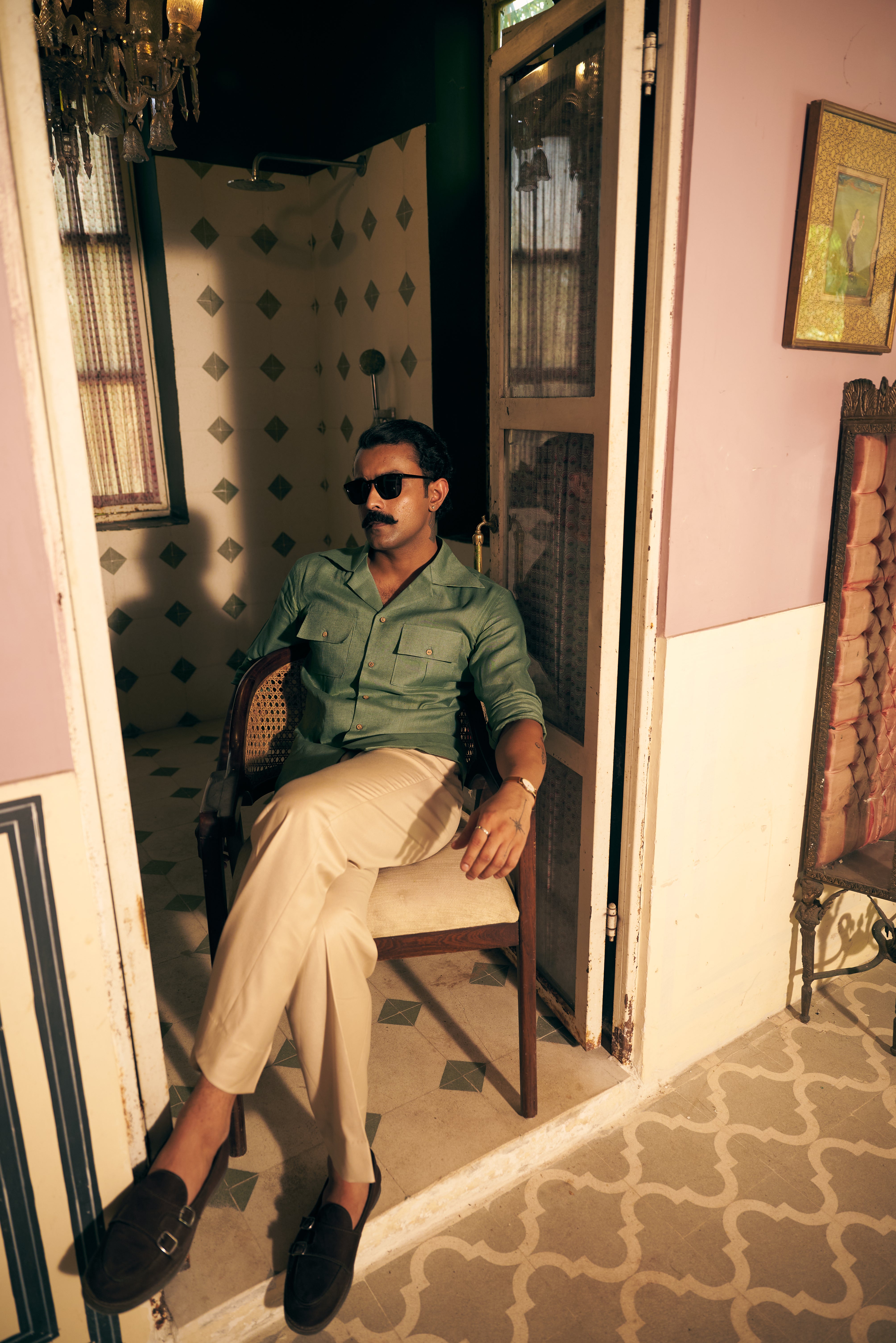 Green Cuban Collar Linen Shirt