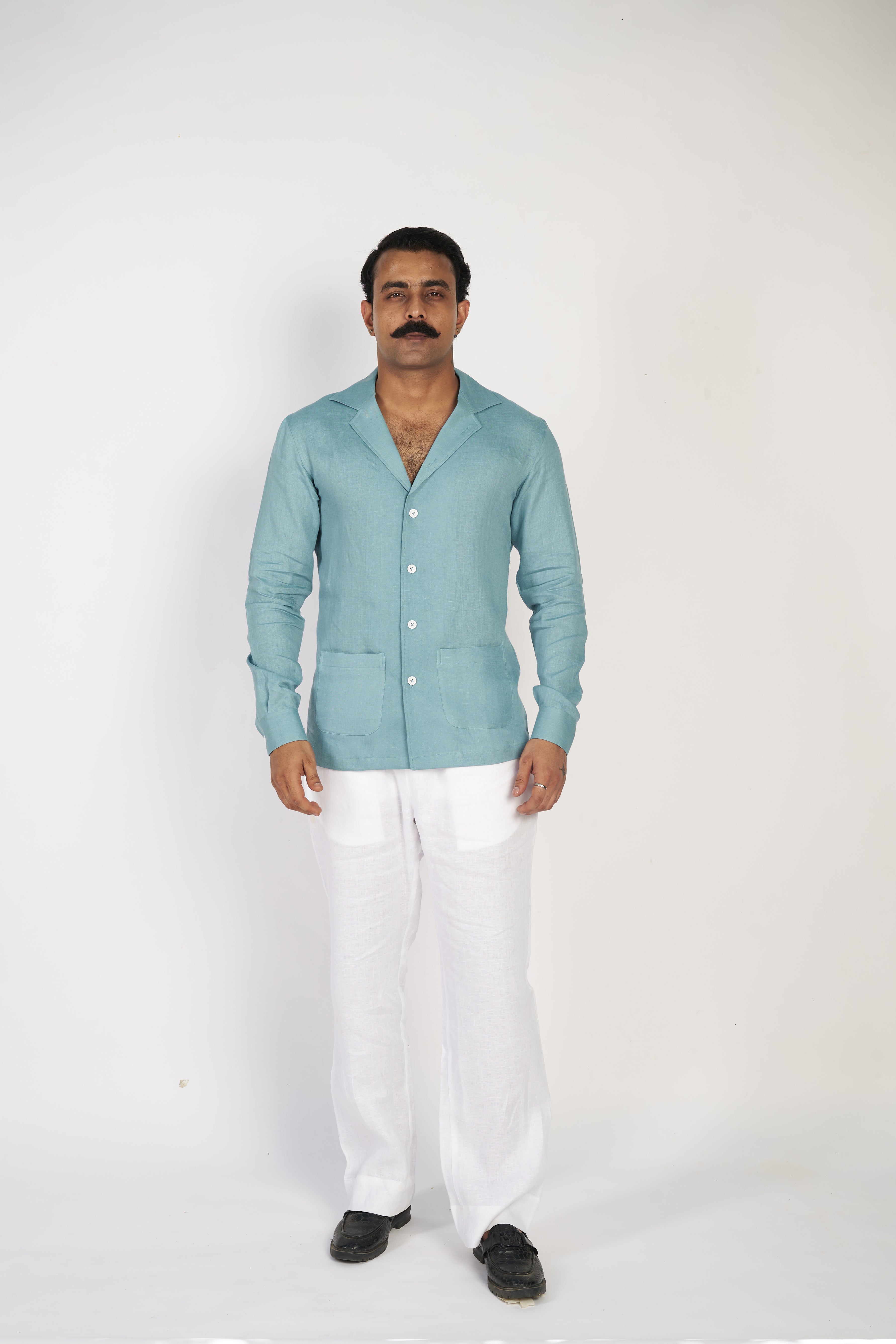 Pleated Patch Pocket Linen Shirt - Green