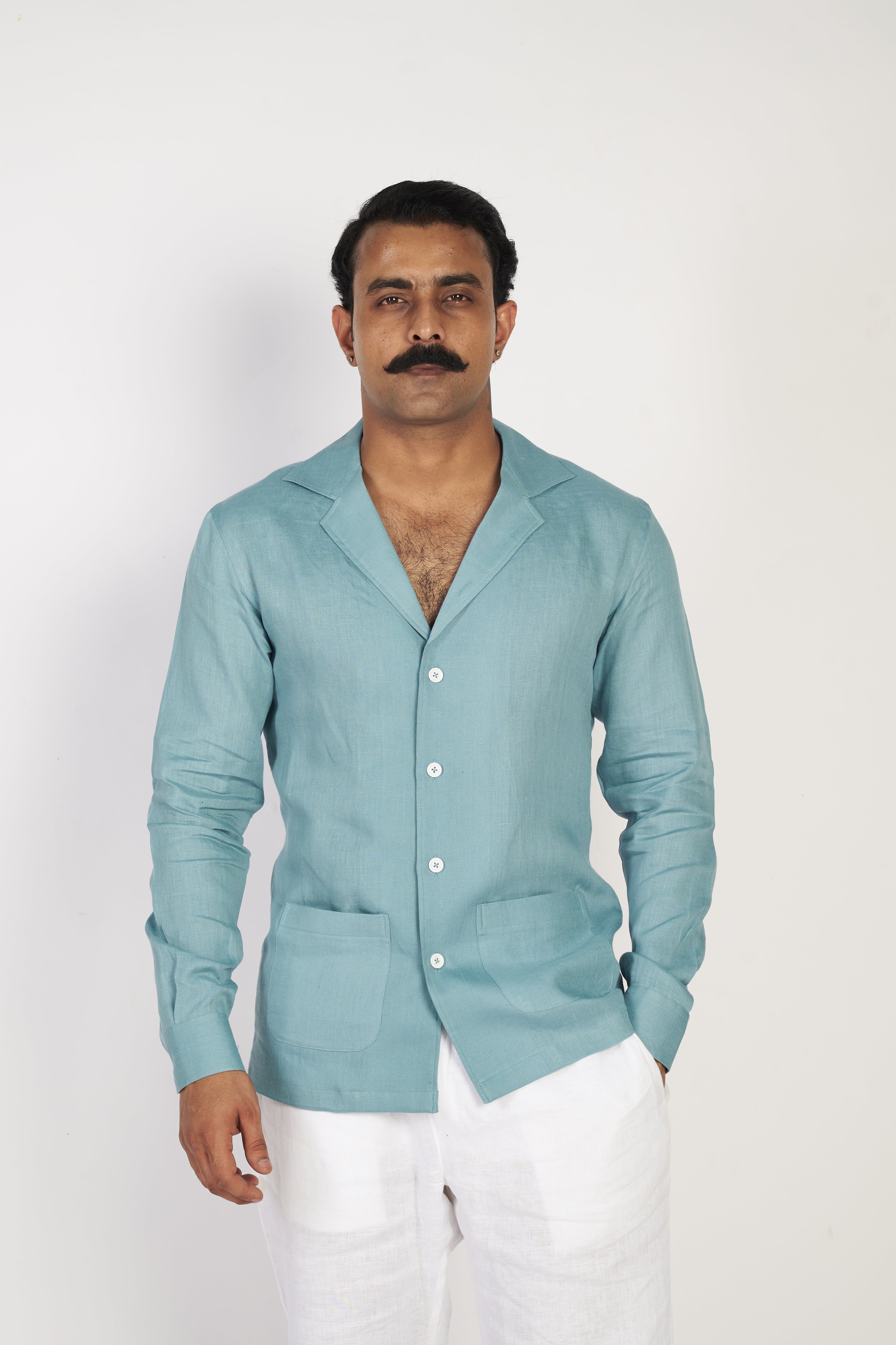 Pleated Patch Pocket Linen Shirt - Green