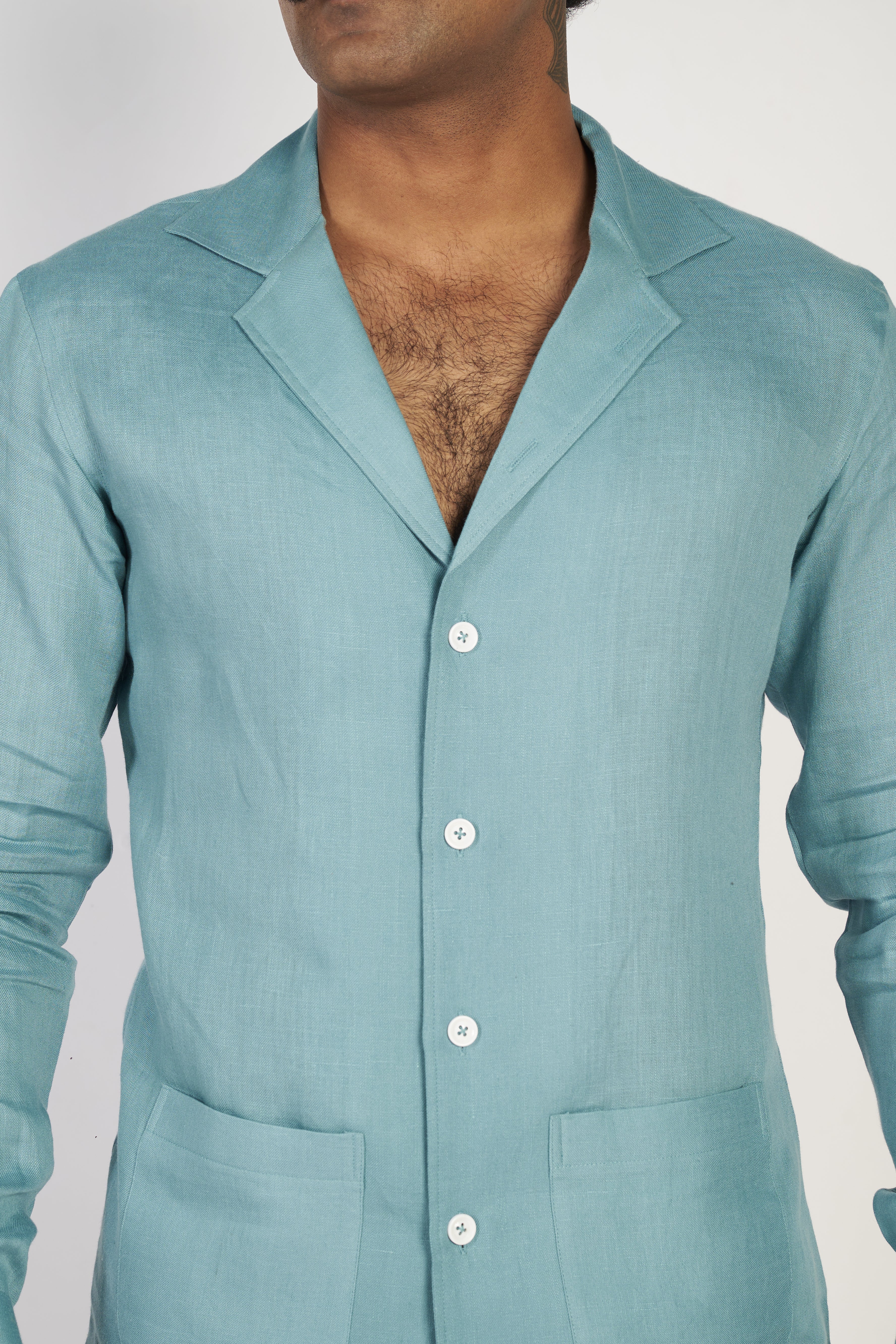 Pleated Patch Pocket Linen Shirt - Green