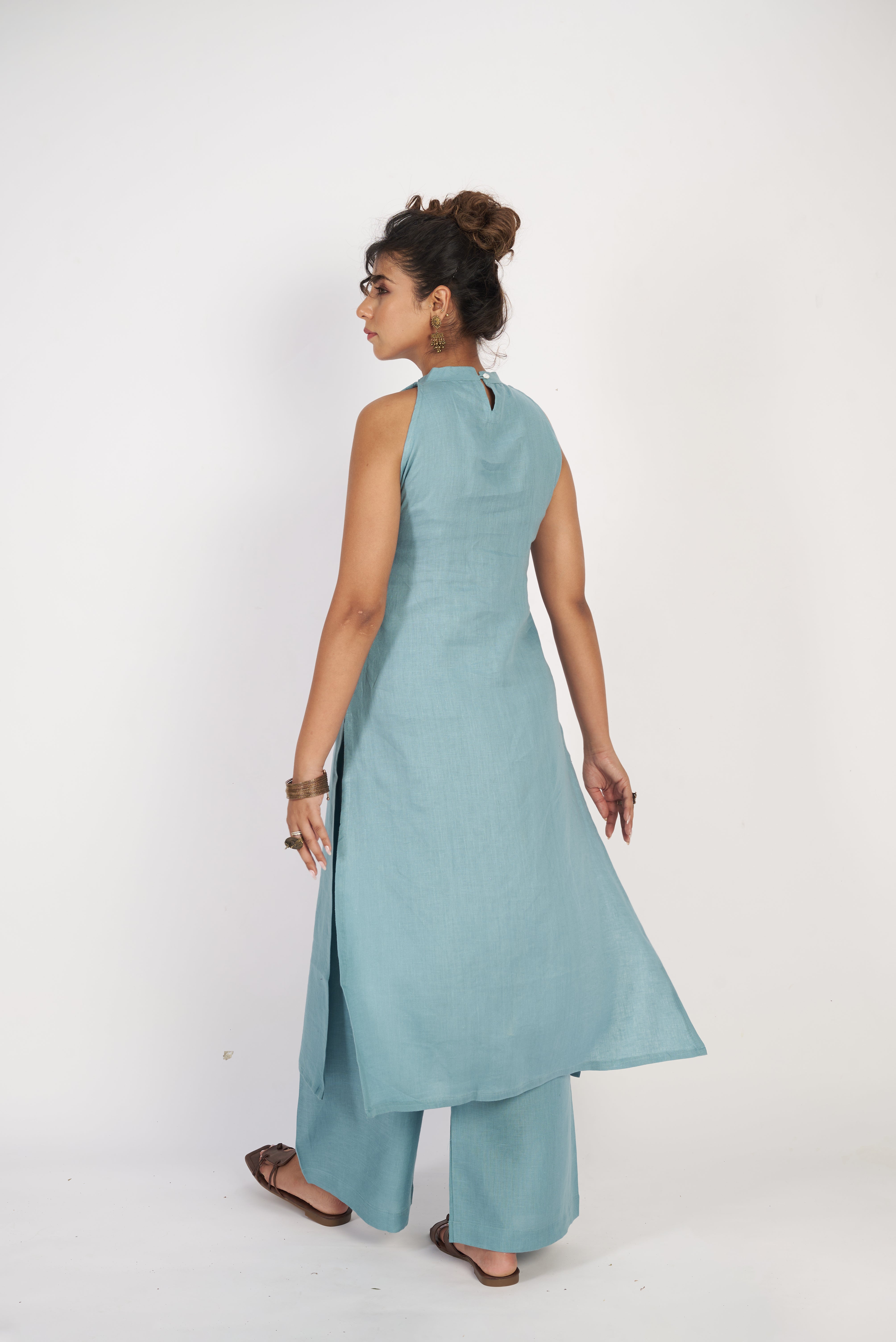 Linen Halter Neck Kurta Set - Green