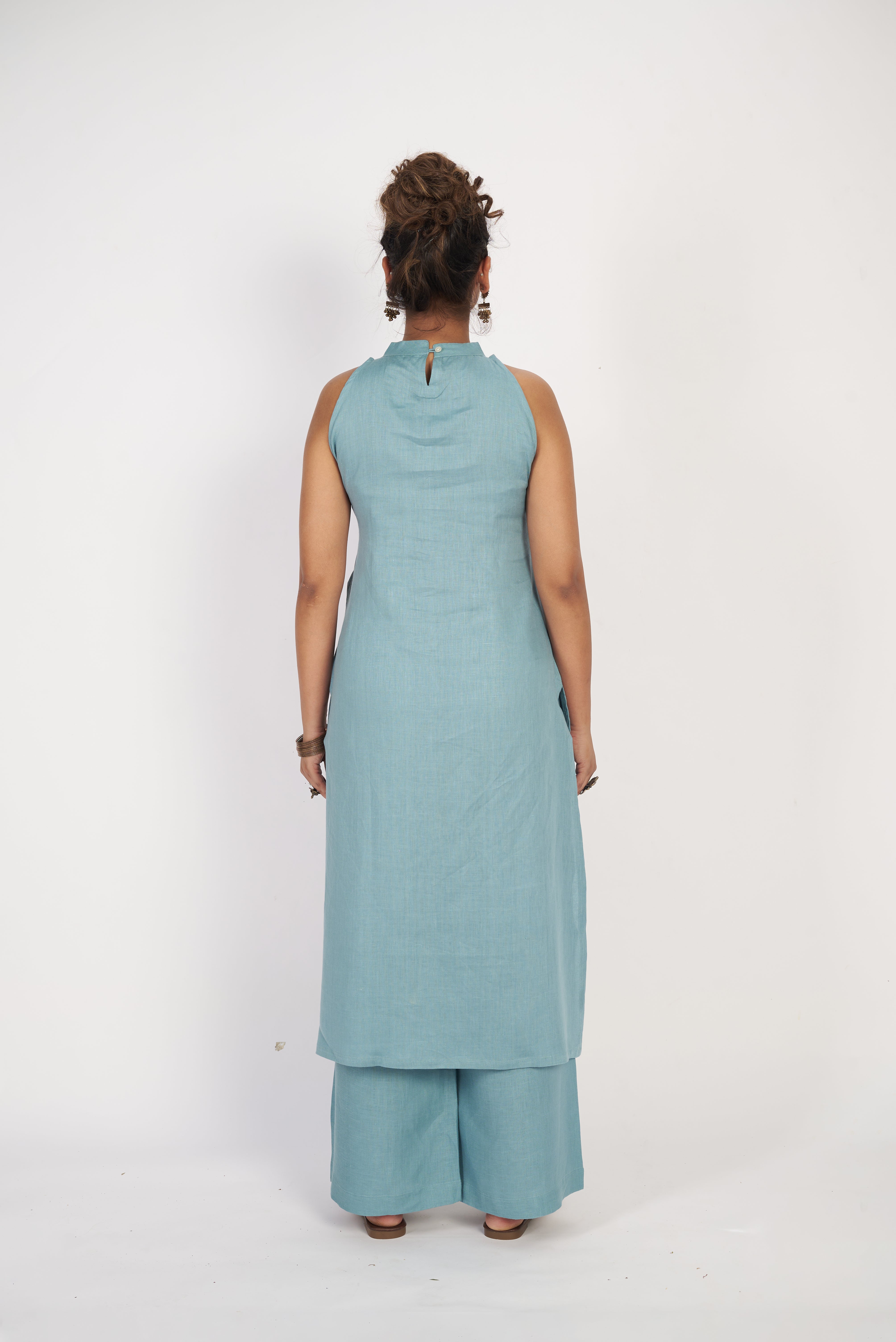 Linen Halter Neck Kurta Set - Green
