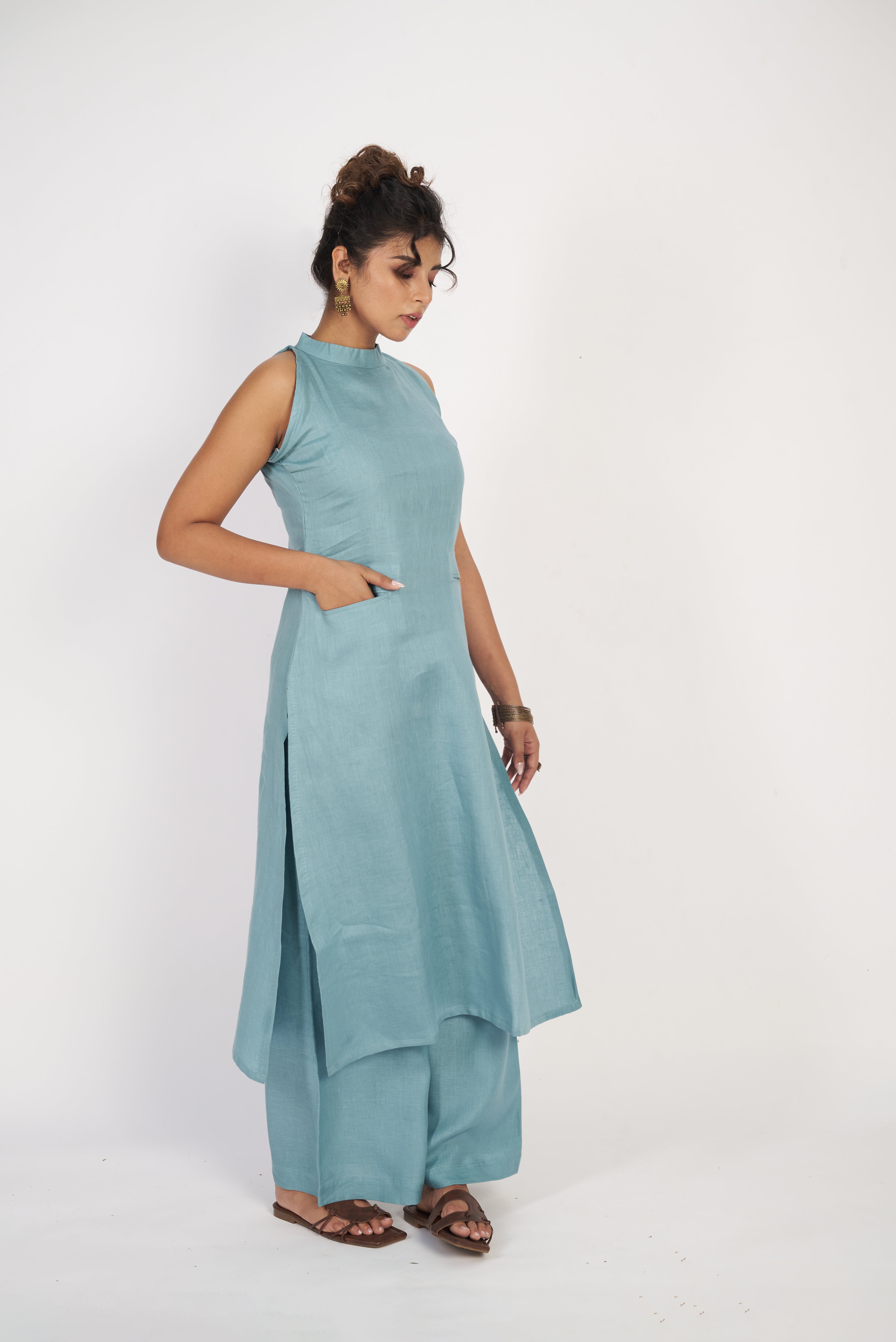 Linen Halter Neck Kurta Set - Green