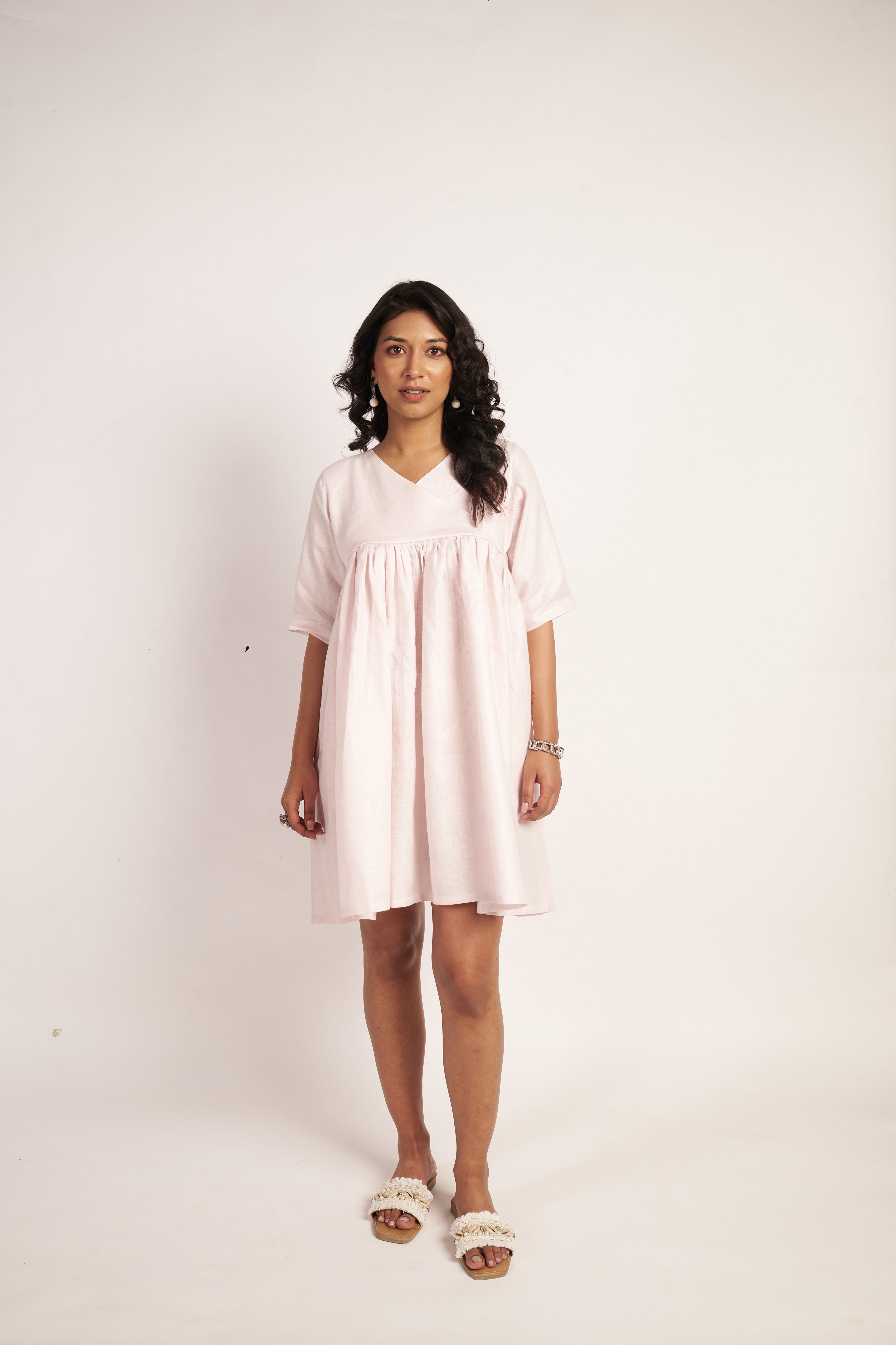 Baby Pink Linen Midi Dress