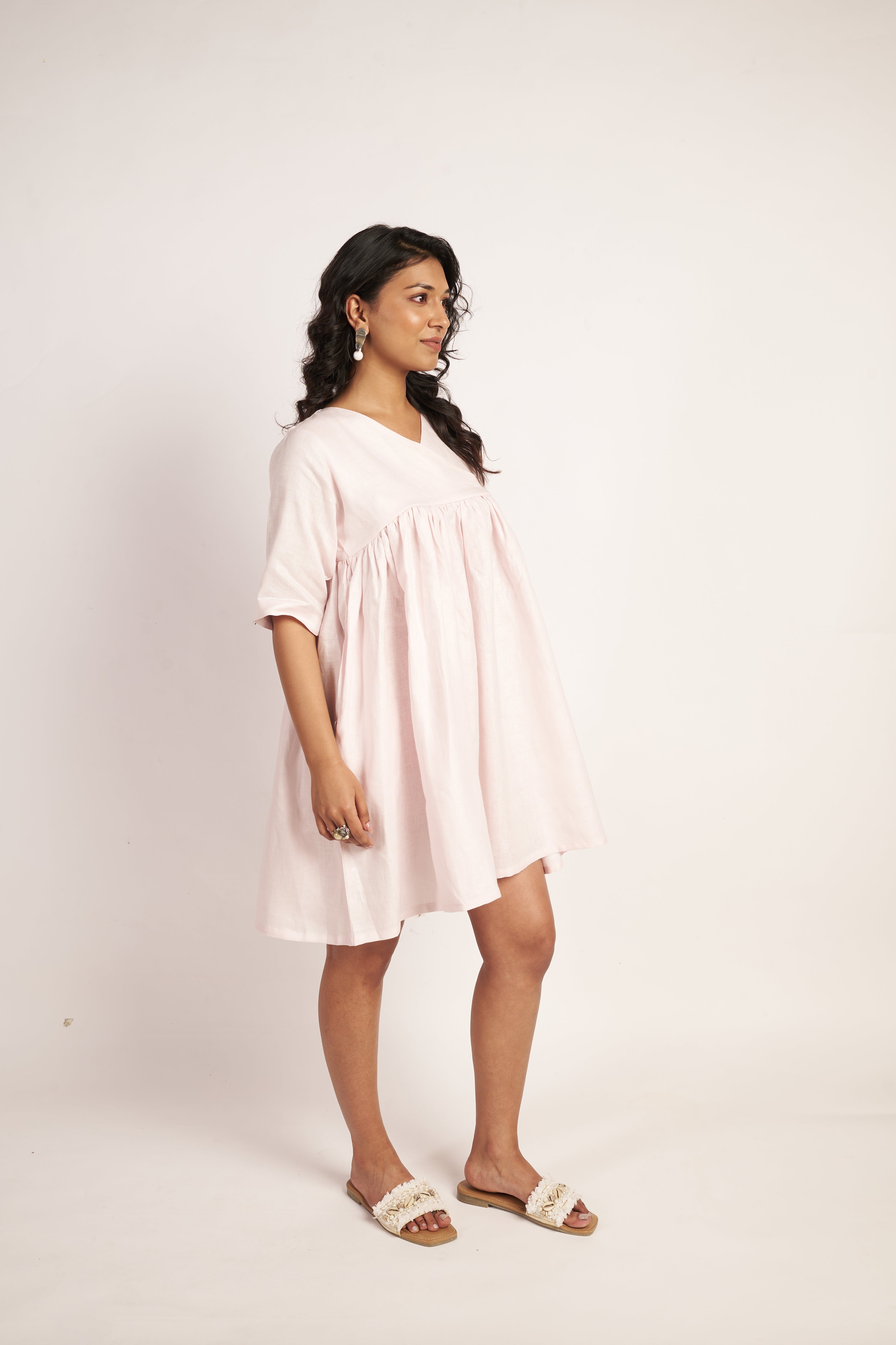 Baby Pink Linen Midi Dress