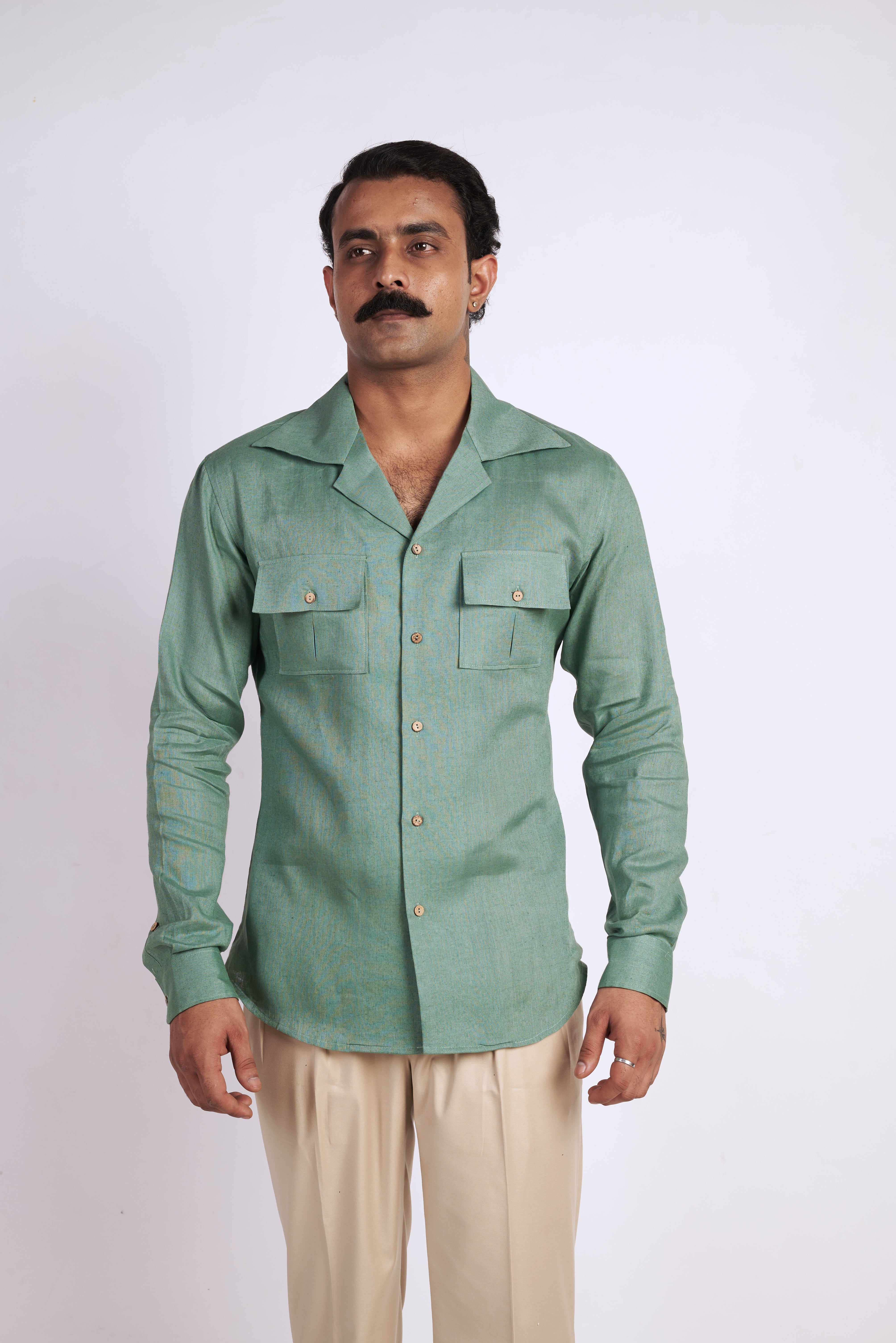 Green Cuban Collar Linen Shirt