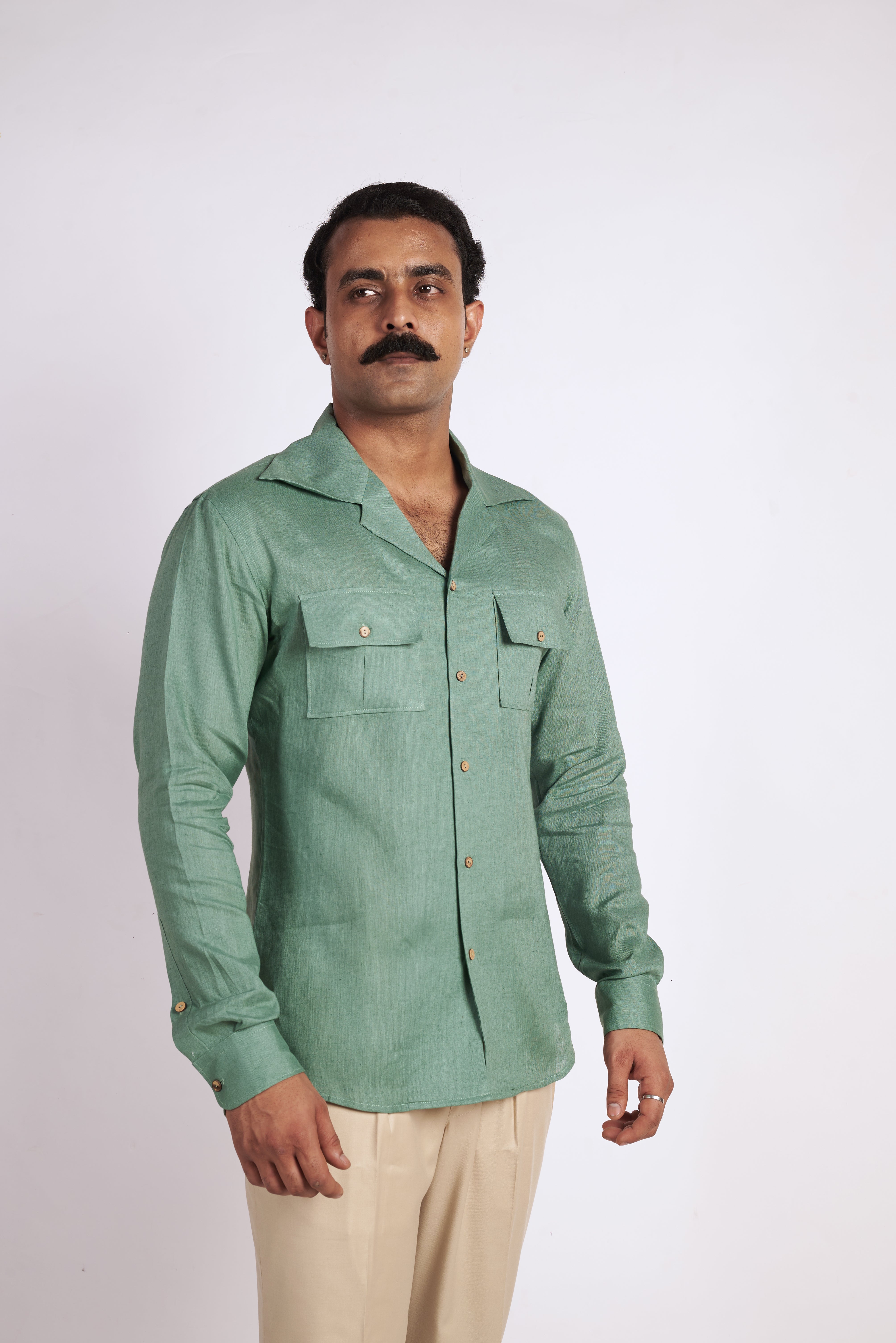 Green Cuban Collar Linen Shirt