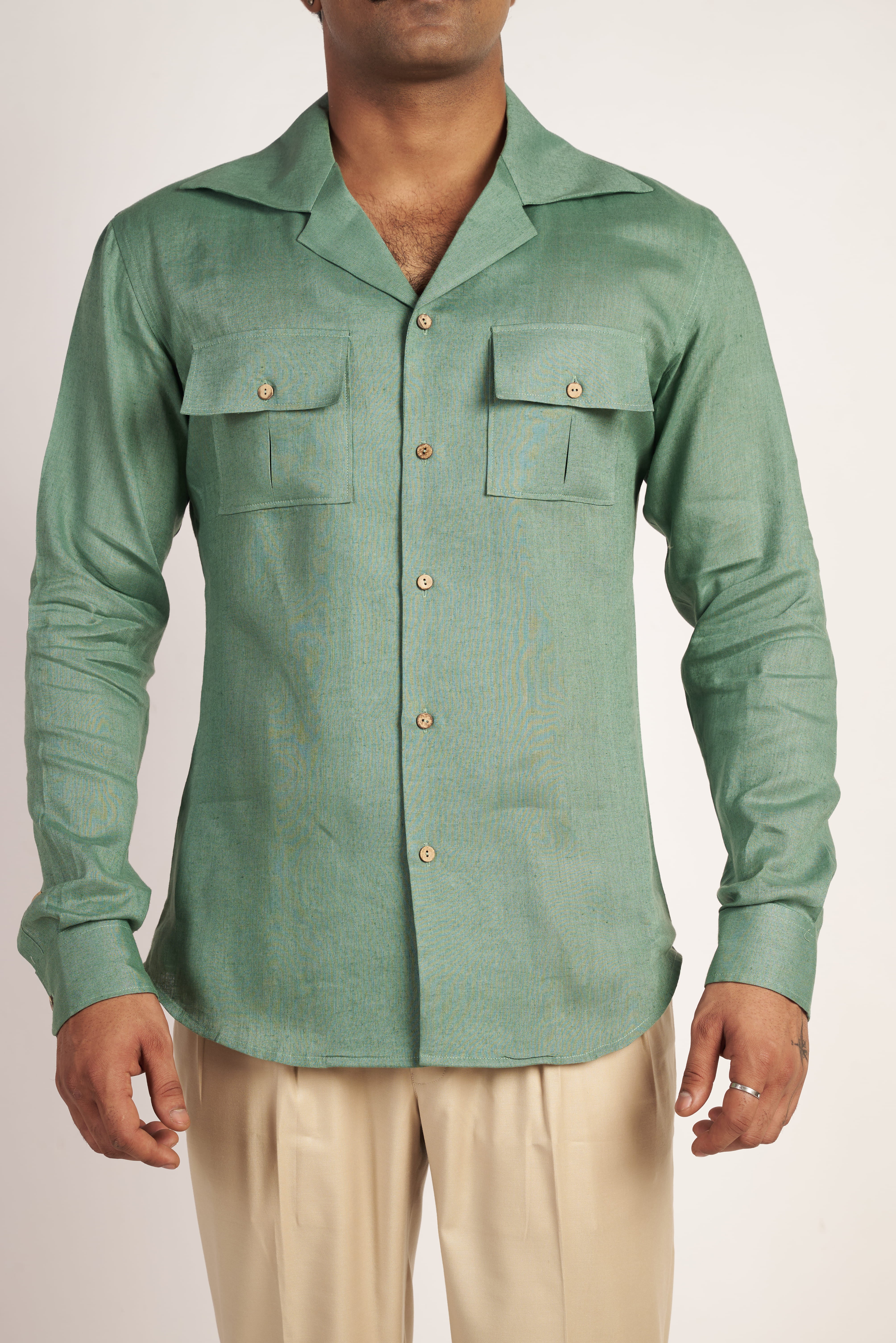 Green Cuban Collar Linen Shirt